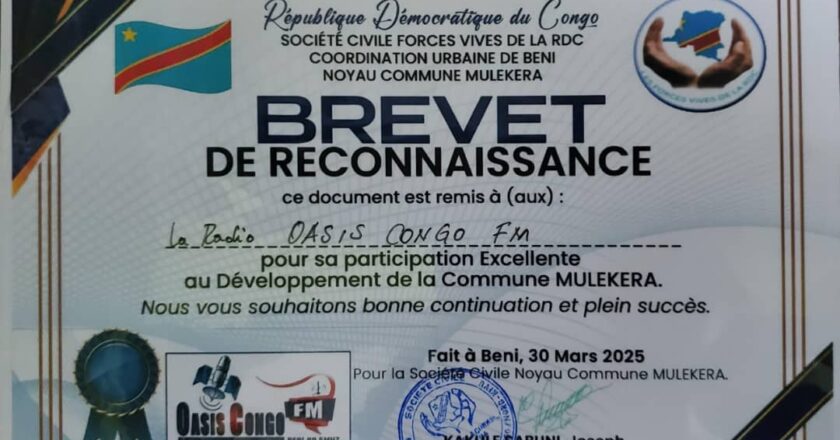 Beni : La Radio Oasis Congo honorée par la Société civile forces vives