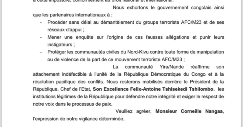 Nord-Kivu : La communauté Yira/Nande dénonce les manipulations du mouvement AFC/M23 et l&rsquo;usurpation de son soutien