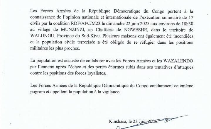 Sud-Kivu : 17 civils exécutés à Munzinzi par la coalition RDF/M23, selon les FARDC