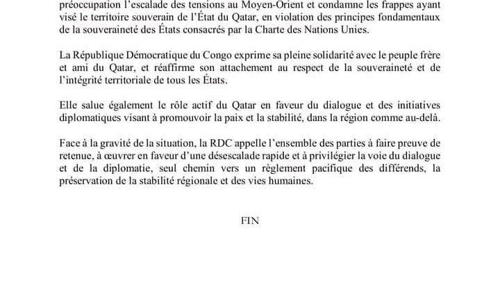 Crise au Moyen-Orient : la RDC condamne les frappes contre le Qatar et appelle à une désescalade immédiate