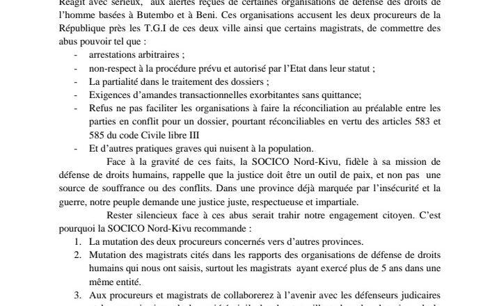 Nord-Kivu : la SOCICO alerte sur des abus présumés de certains magistrats et procureurs à Beni et Butembo