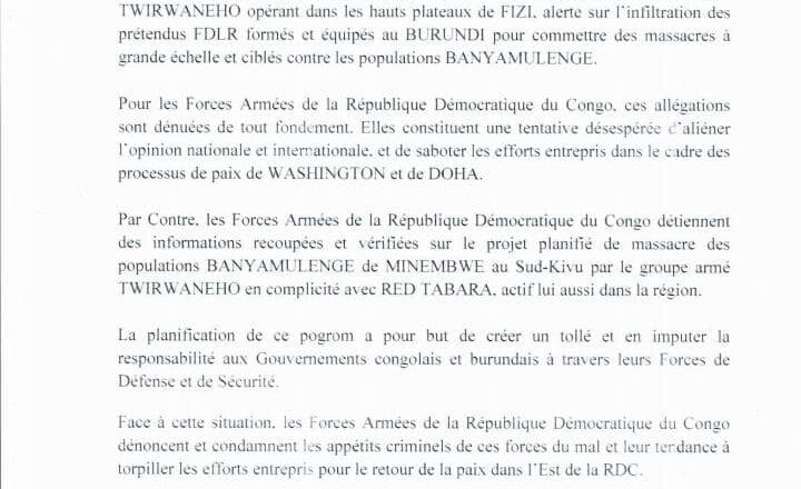 Minembwe : les FARDC accusent Twirwaneho et RED-Tabara de préparer un massacre des Banyamulenge