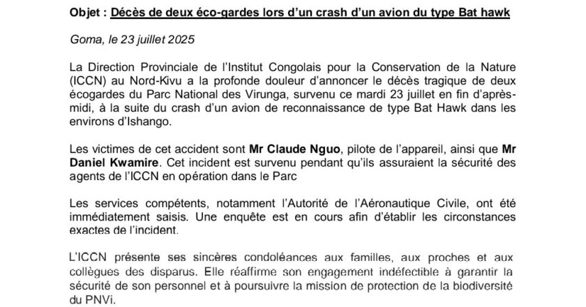 Crash d’un avion au Nord-Kivu : deux éco-gardes périssent en mission de surveillance