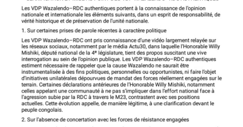 Nord-Kivu : les VDP Wazalendo authentiques dénoncent une récupération politique après la sortie de Willy Mishiki