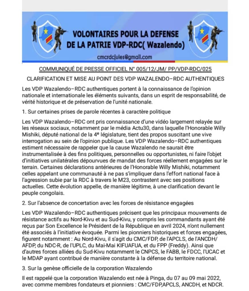 Nord-Kivu : les VDP Wazalendo authentiques dénoncent une récupération politique après la sortie de Willy Mishiki
