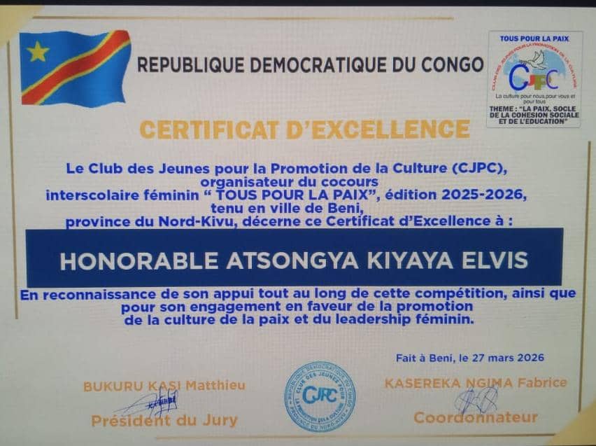 Beni : le député national Atsongya Kiyaya Elvis honoré d’un certificat d’excellence pour son engagement en faveur de la paix et du leadership féminin