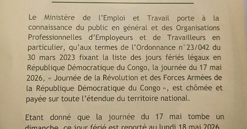 RDC : le 17 mai, jour férié de la Révolution, sera observé le lundi 18 mai 2026