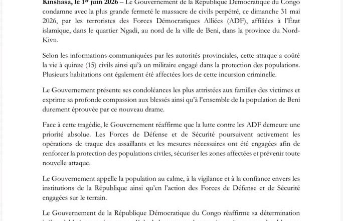 Nord-Kivu : Kinshasa condamne le massacre de Ngadi à Beni et promet une traque sans relâche des assaillants