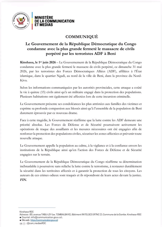 Nord-Kivu : Kinshasa condamne le massacre de Ngadi à Beni et promet une traque sans relâche des assaillants
