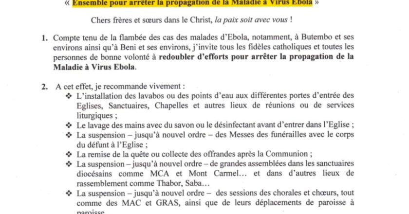 Ebola à Butembo-Beni : les messes ne sont pas interdites, mais certaines célébrations et activités catholiques suspendues